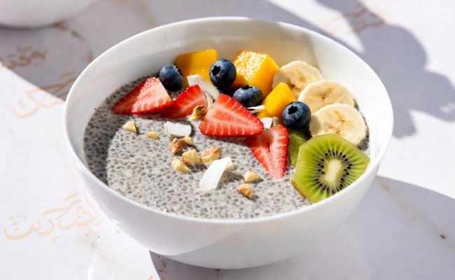 Chia seed pudding bowl with fruits UAE healthy breakfast