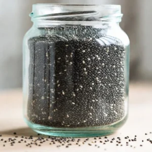 Chia seeds stored in a clean glass jar