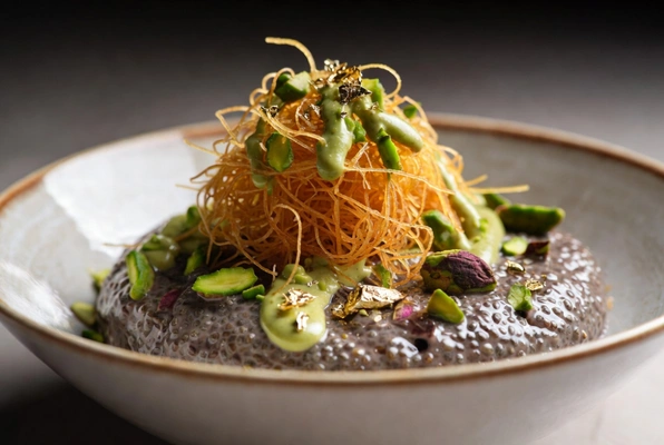 Dubai chocolate chia pudding with pistachio and kataifi dessert bowl